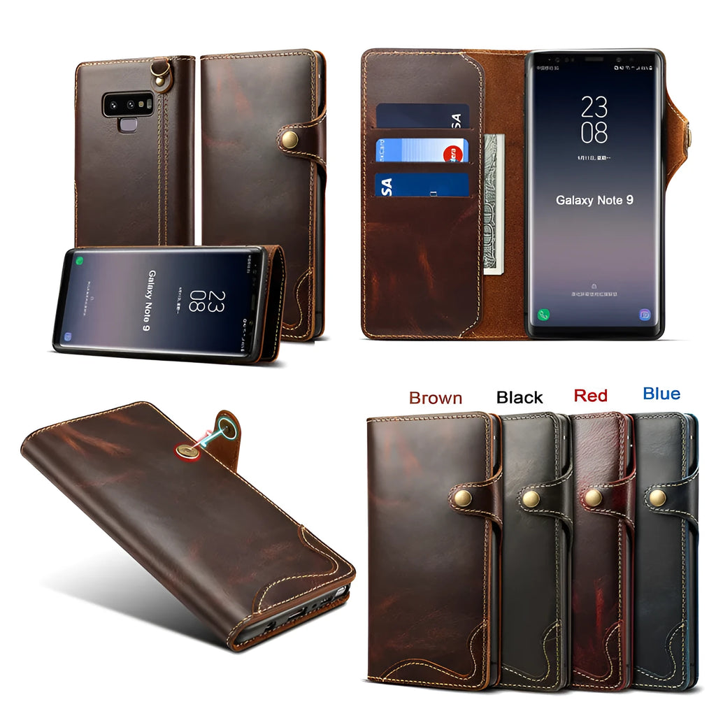Handmade vintage oil waxed leather phone case with wallet and bracket in clamshell design