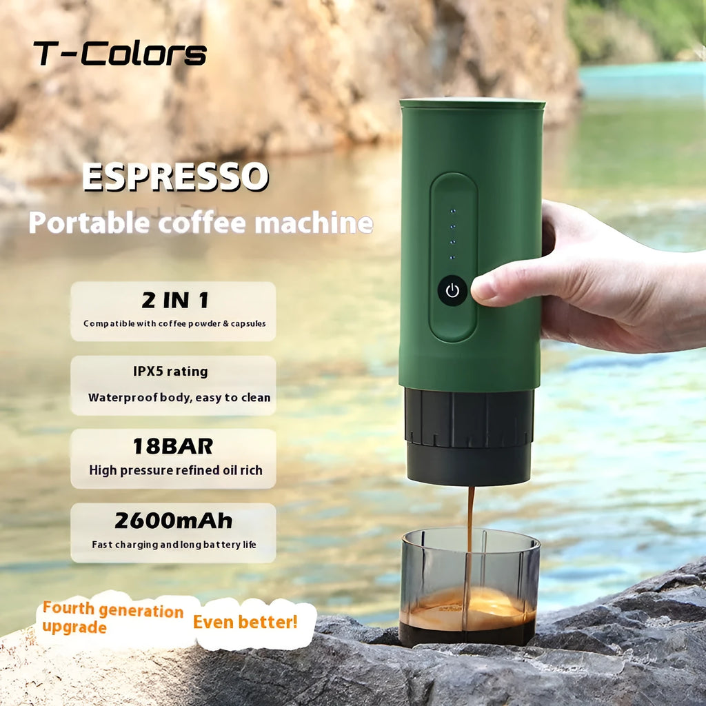 Handheld portable electric coffee machine in Jungle Green colour with car charger cable.