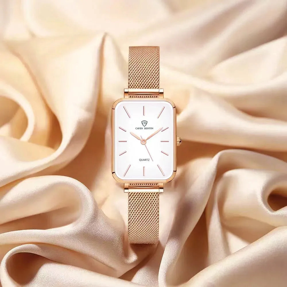 Women's waterproof quartz watch with woven steel strap in rose gold or silver, 34mm alloy case
