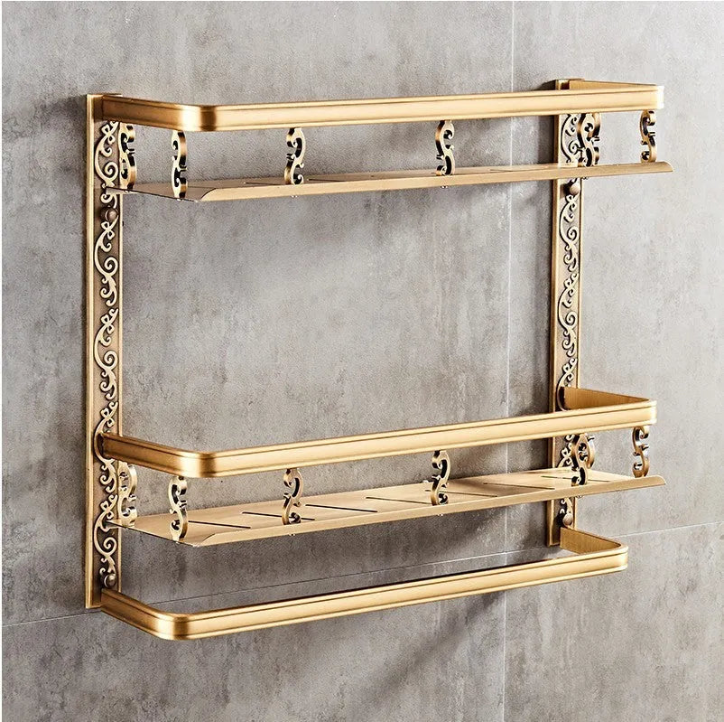 Double-layer black bathroom shelf made of aluminium-magnesium alloy with anodised brushed finish, wall-mounted with pole