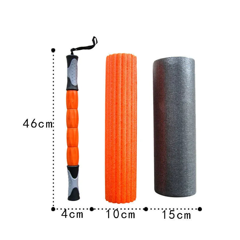 3 in 1 PE yoga pillar set with foam shaft, handle, and middle bead on a floor, 45x16cm