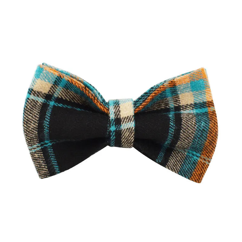 Retro green cloth dog collar leash set with matching vest and bow tie on white background