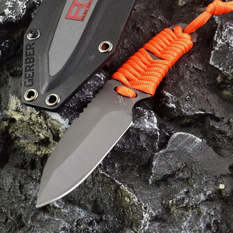 BG197 fixed blade camping survival knife with straight blade, rope-wrapped handle, and black ABS plastic sheath.