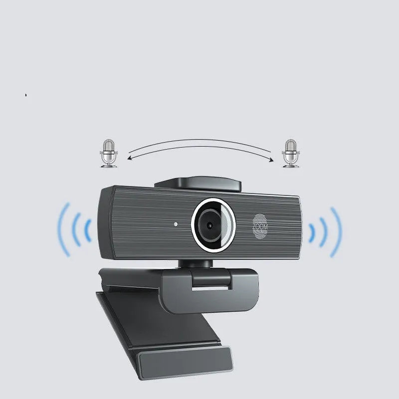 Black USB computer webcam with magnetic privacy cover shown detached