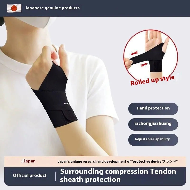Adjustable black athletic wristguard shown on a wrist, suitable for sports like tennis and badminton.