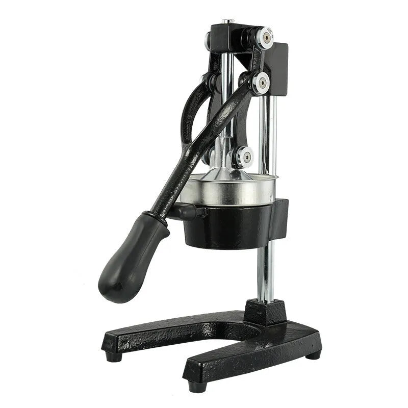 Black or white cast iron manual citrus juicer with stainless steel funnel and 40cm height