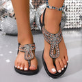 Bohemian sandals with rhinestone decoration on PVC uppers in blue, champagne, and gun colour options