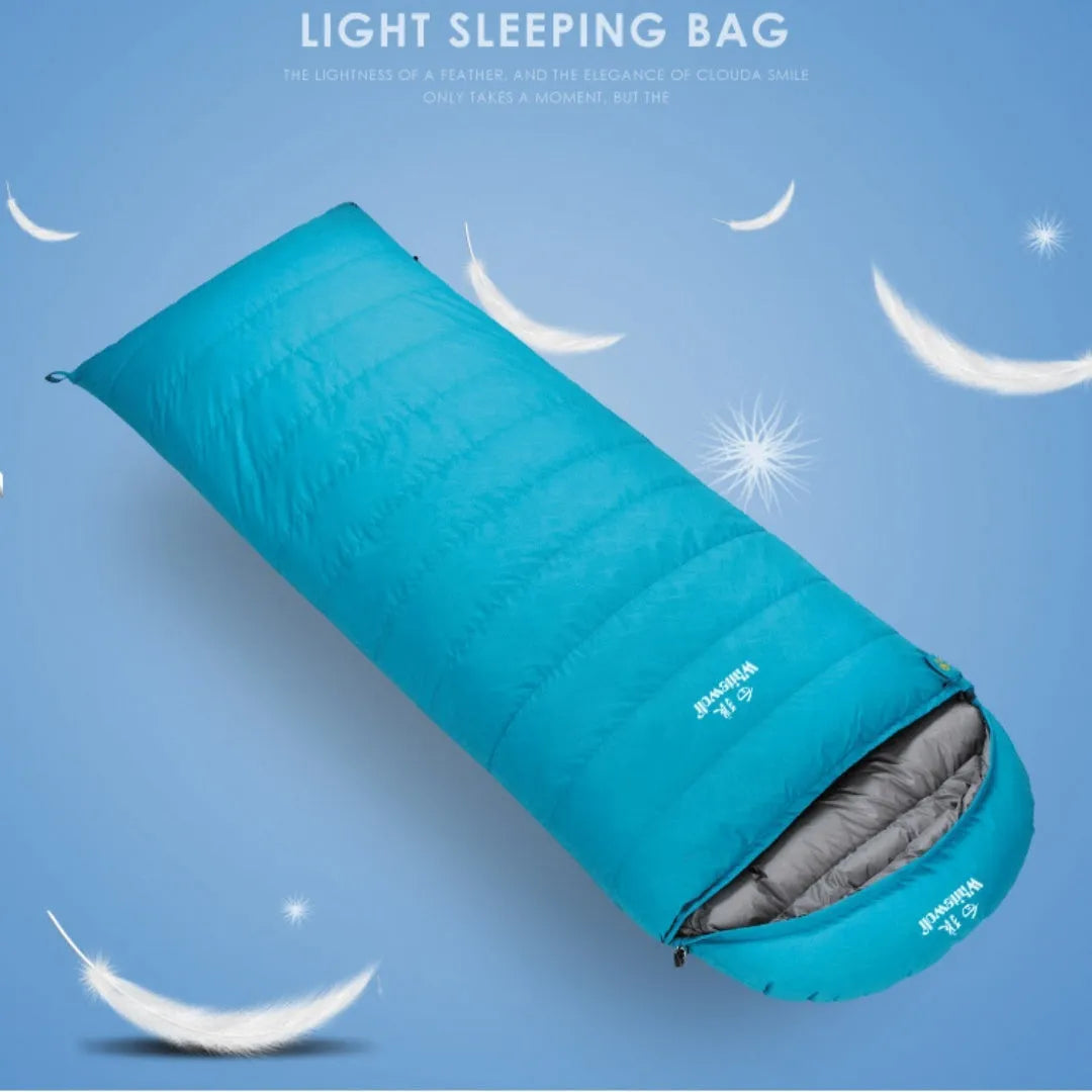Black outdoor down sleeping bag with envelope structure, shown with a choice of filler weight options.