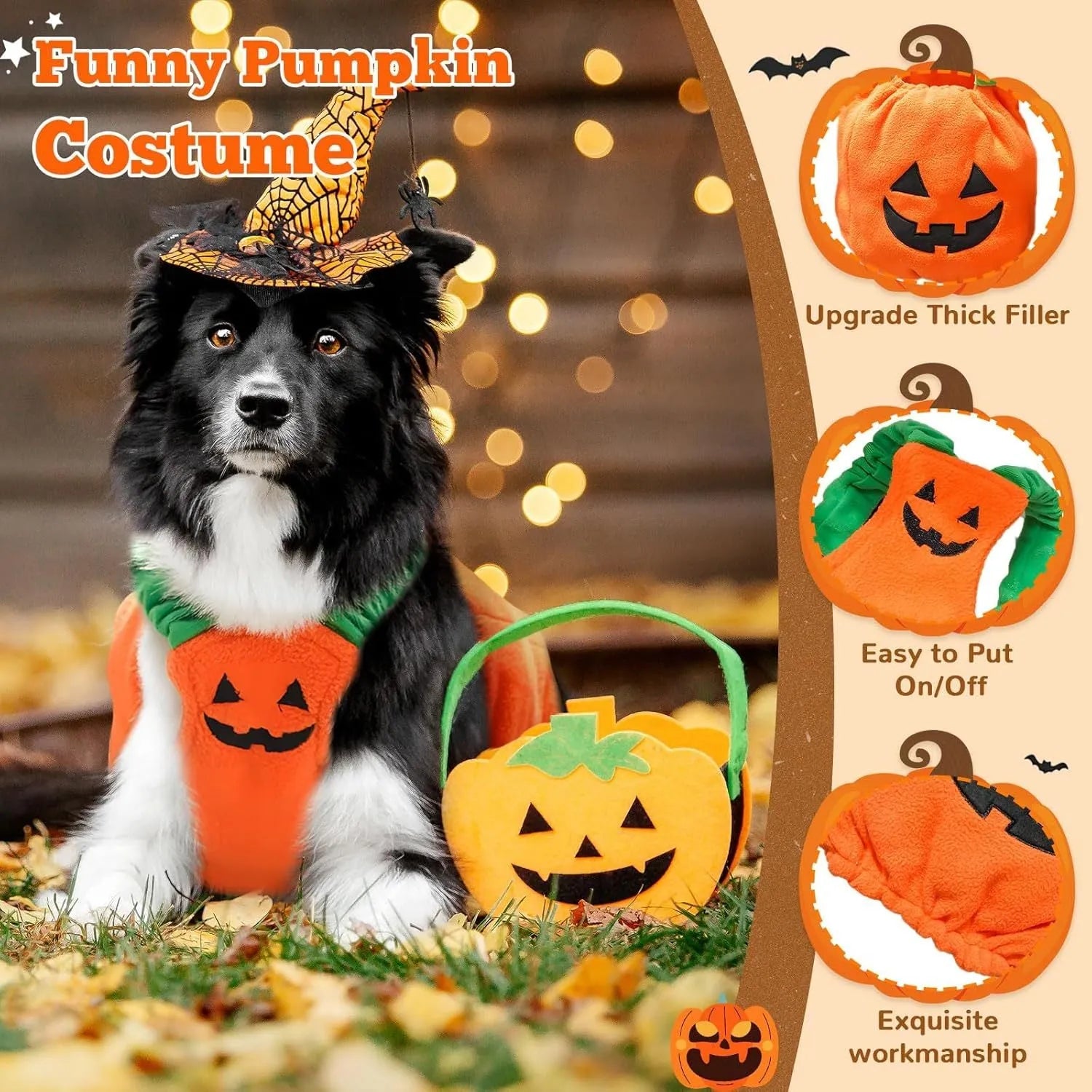 Orange plush pumpkin Halloween costume for small dog with pullover design and festive appearance
