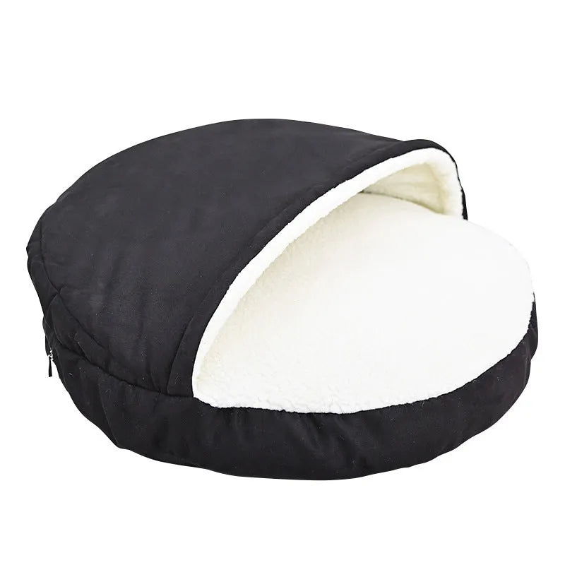 Brown cloth dog kennel pet bed with carry handle for indoor use.