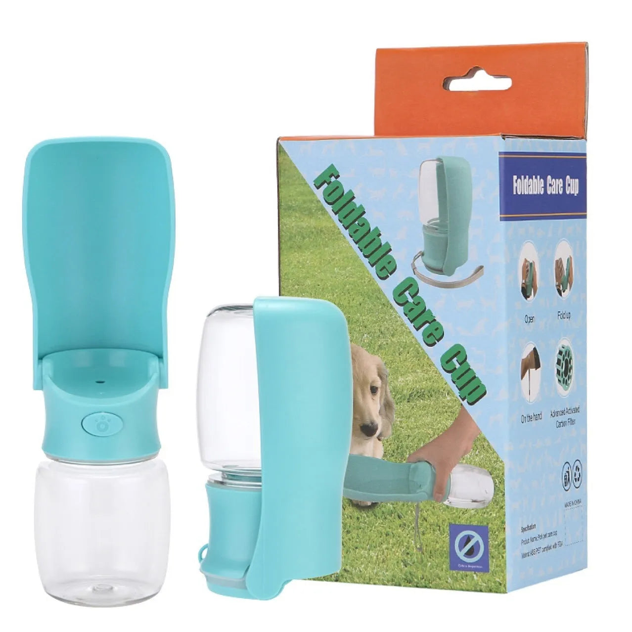 Blue foldable dog water bottle with dispenser cup extended, showing 550ml capacity marking.