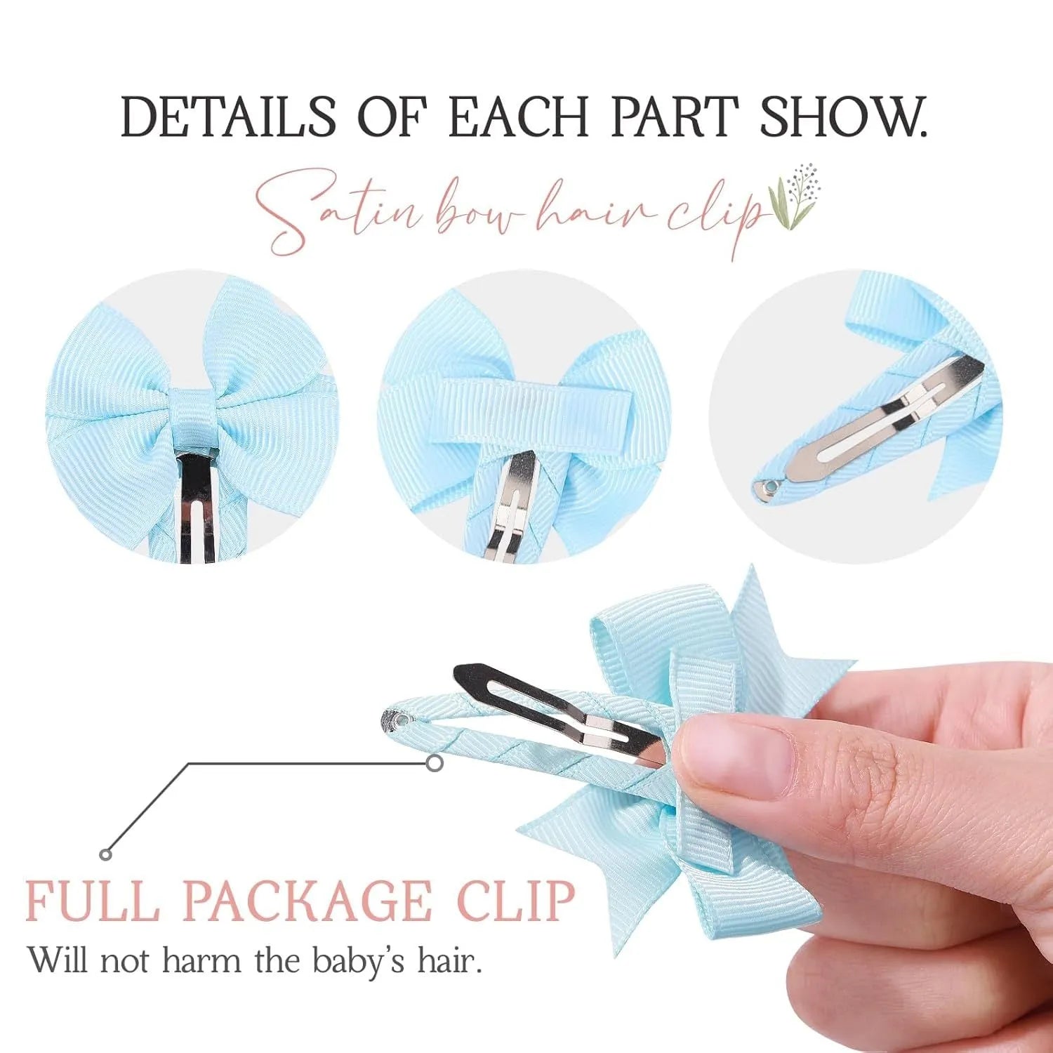 40-piece set of multicoloured grosgrain ribbon baby hair bows with fully wrapped snap clips.