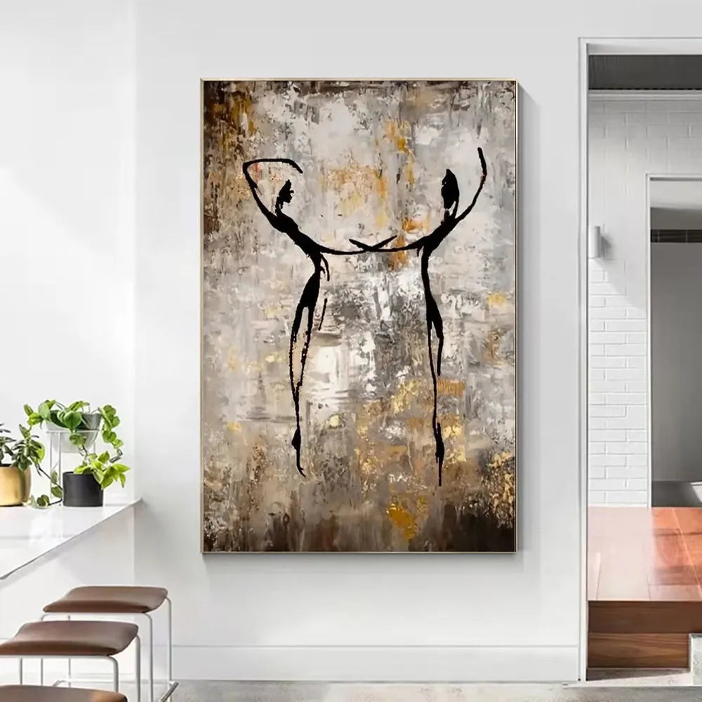 Hand-painted characters abstract oil painting on canvas, vertical unframed wall art for home rooms.