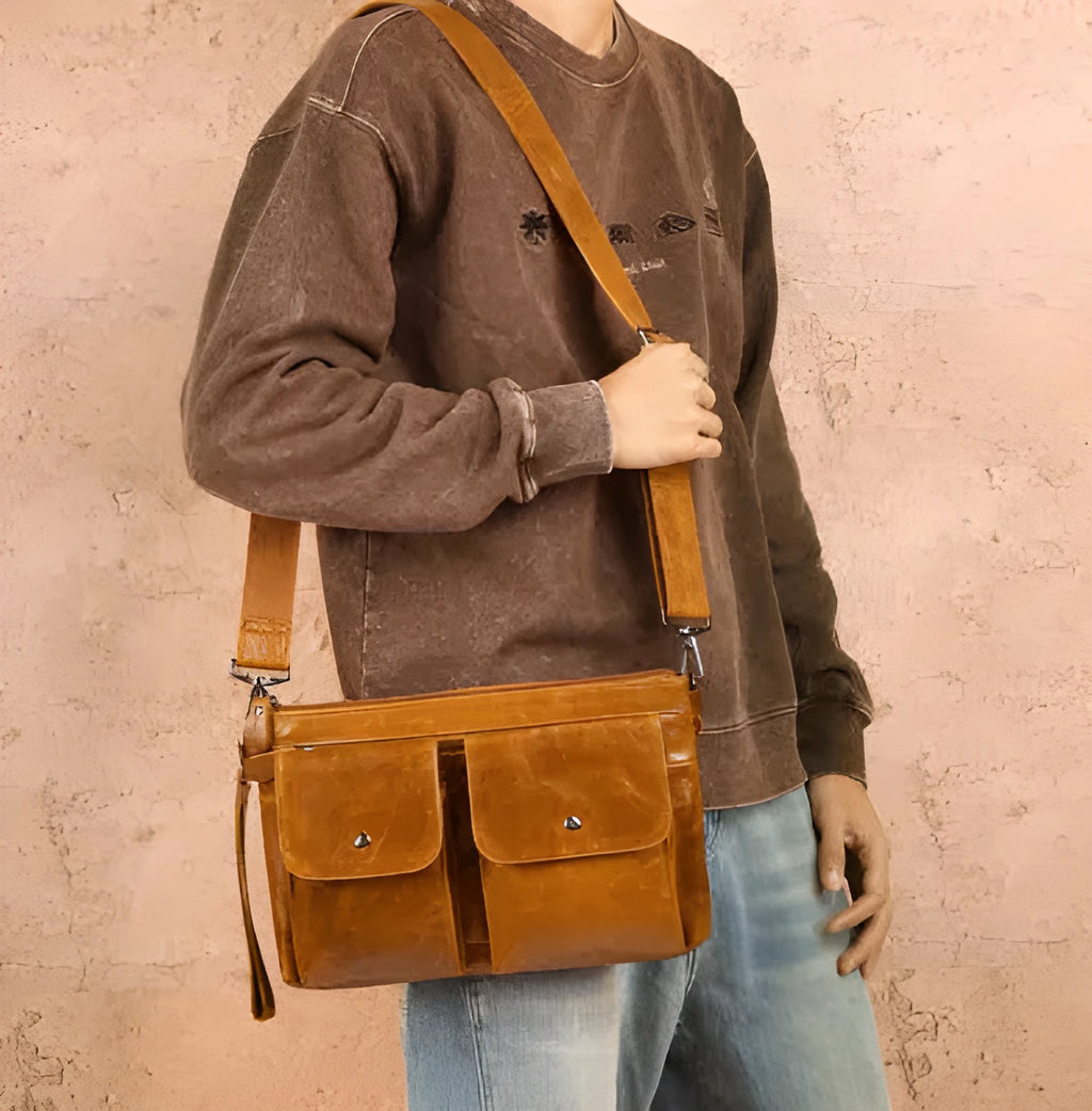Men's genuine leather crossbody messenger bag in black, brown or oil coffee with polyester lining