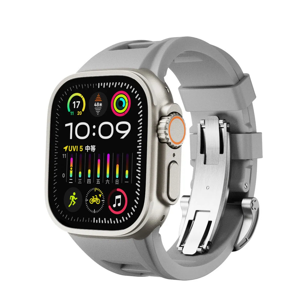 Apple Watch liquid silicone strap replacement with silver buckle in black colour for 42mm 44mm 45mm 49mm