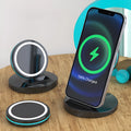 Folding magnetic wireless charging stand for iPhone 12 showing collapsed and extended positions