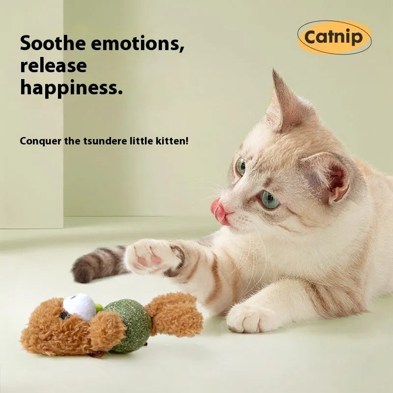 Plush catnip toy shaped like a bear, rabbit, or frog with a mint ball and bell, shown next to a 15cm ruler.