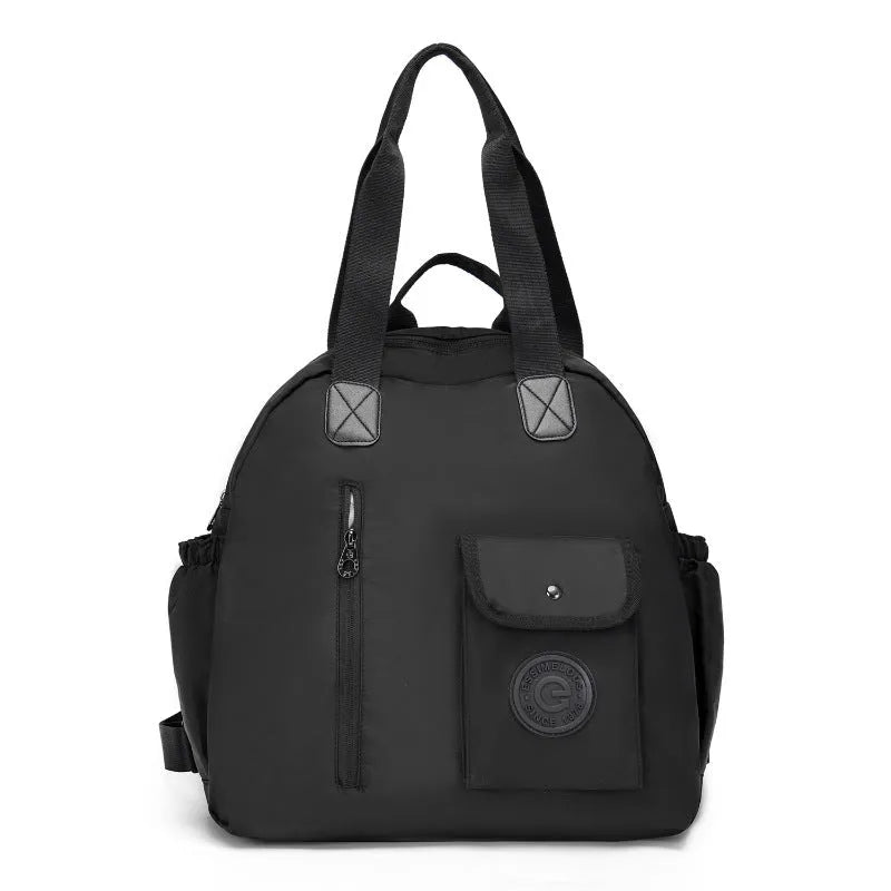 Nylon women's backpack in black, khaki, or green letter rabbit, showing sandwich pocket and large 48cm height.