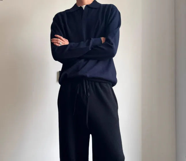 Milky White pure wool polo sweater with a lapel collar, shown in a loose fit.