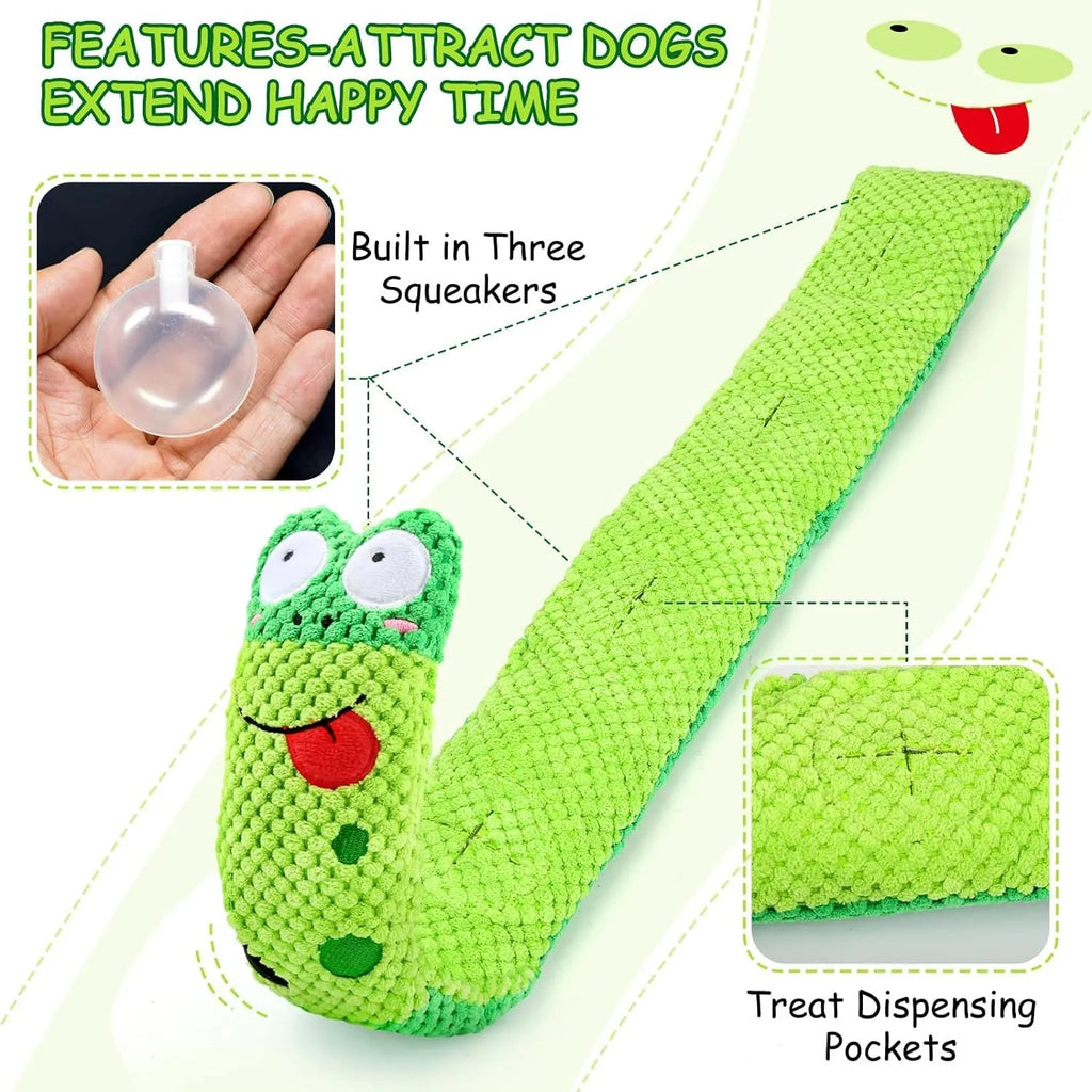 Squeak dog toy in frog snail or snake design with foraging holes and velvet texture