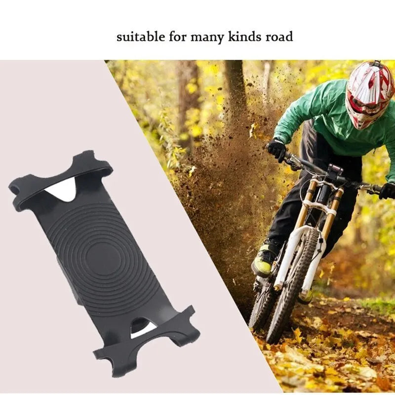 Adjustable silicone bicycle phone holder mounted on handlebar showing three-hole bracket adjustment