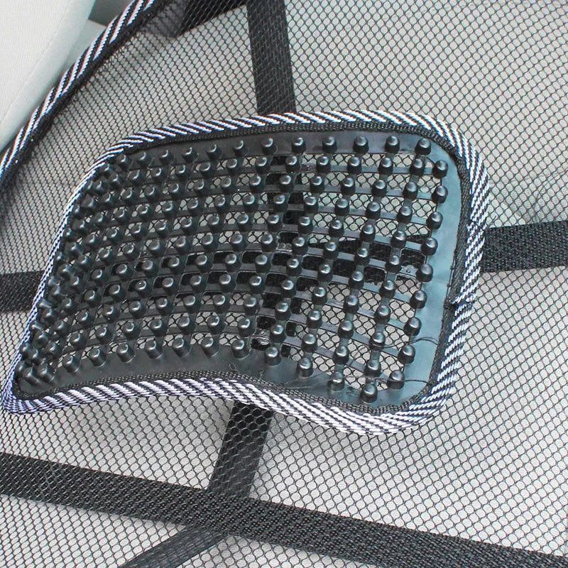 Black car lumbar support pillow with steel wire frame showing adjustable bending