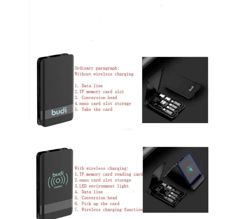 Black multi-function data line conversion card with wireless charging option and card slots