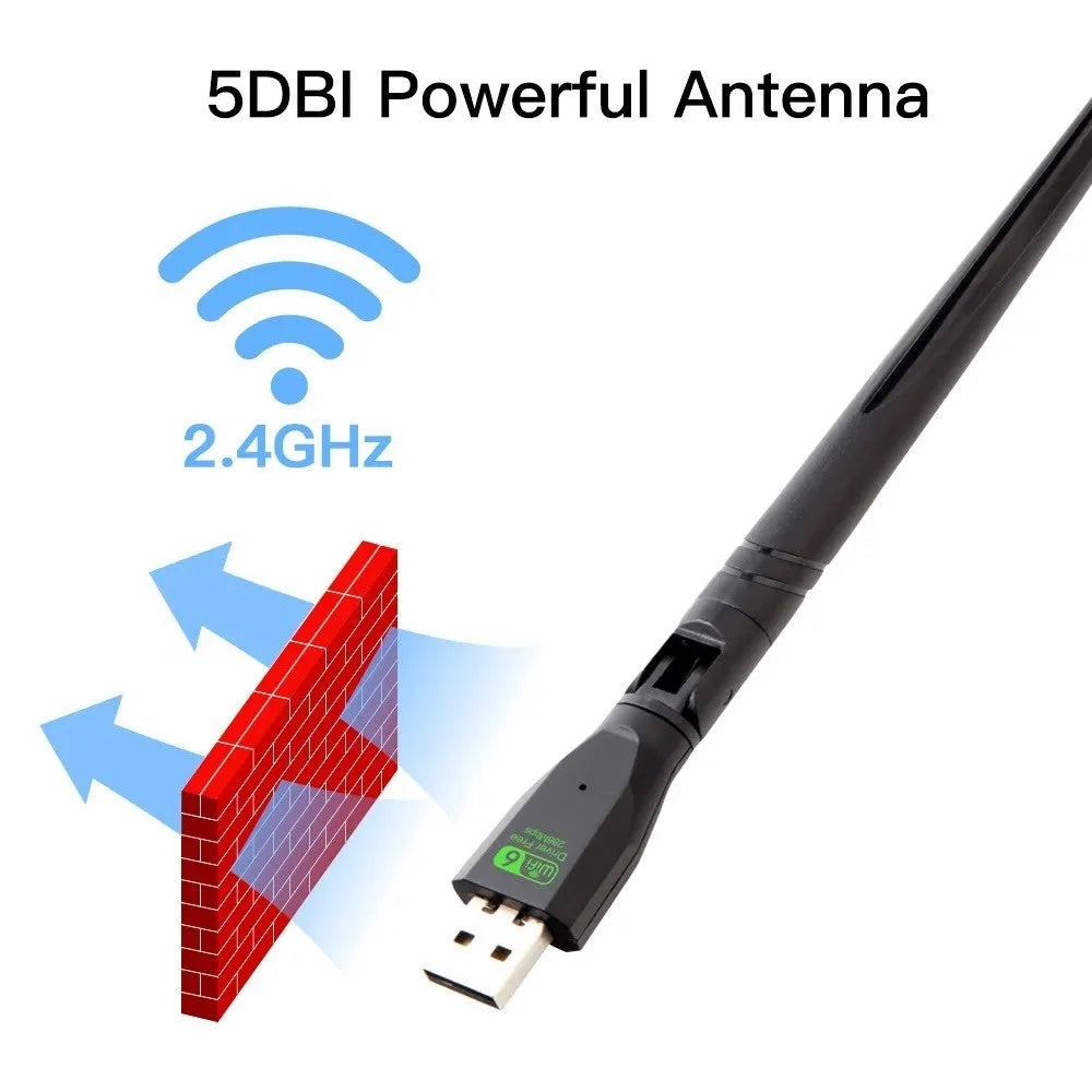 Black USB WiFi6 wireless network card with driver-free installation for desktop and laptop computers
