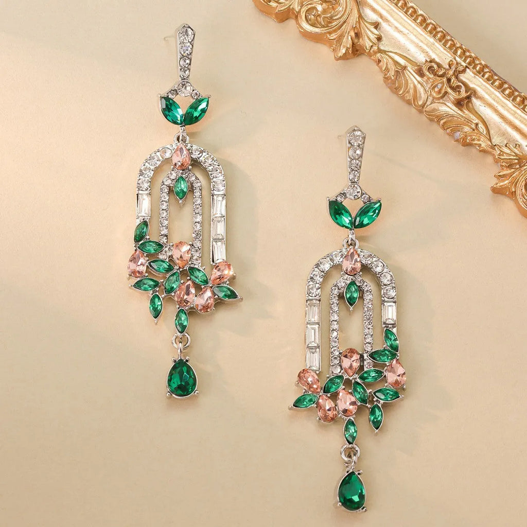 Alloy flower cluster tassel earrings 8.5cm women's drop earrings blue green Chinese style