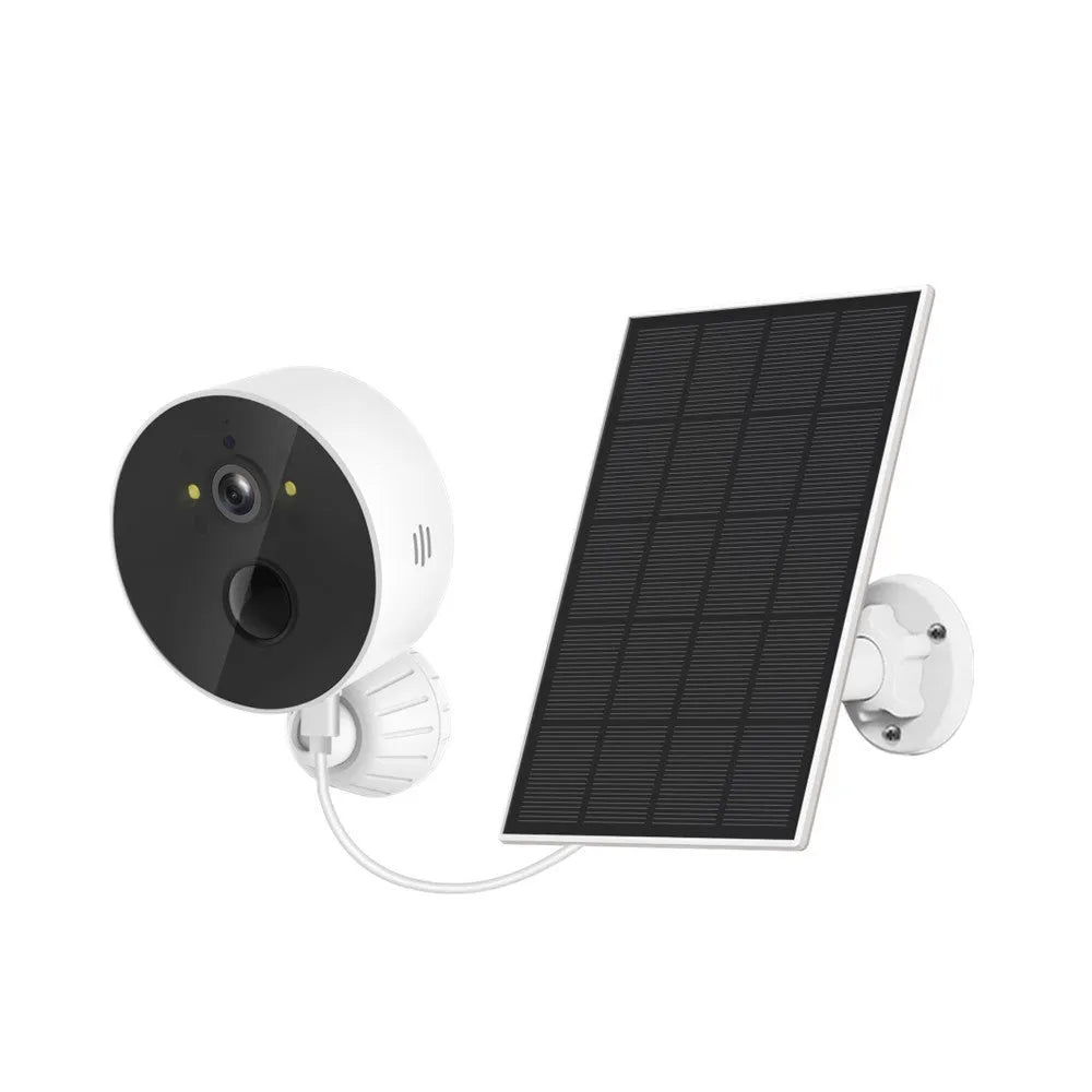 Outdoor solar-powered security camera with separate solar panel for battery charging.