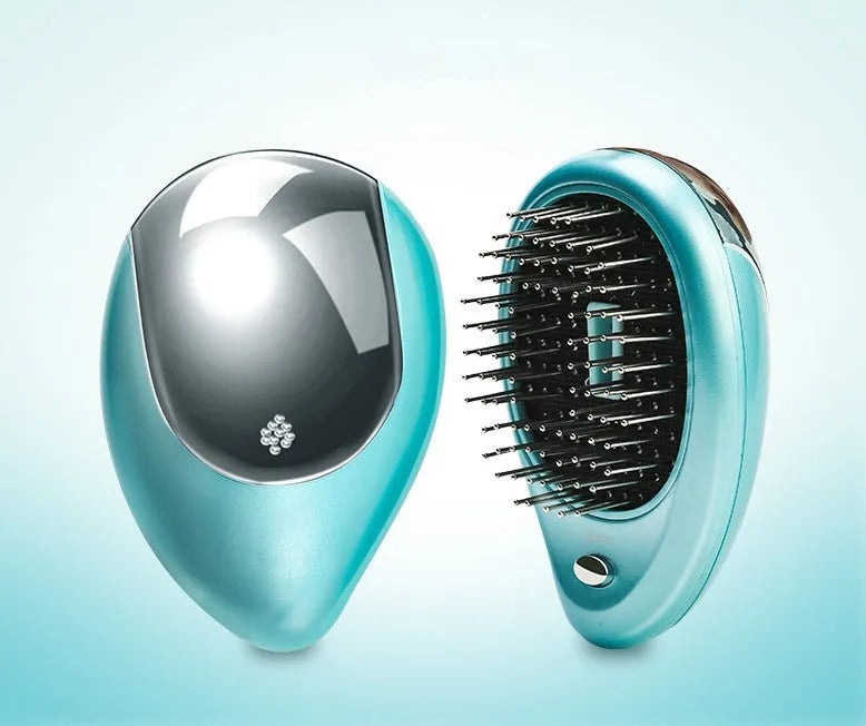 Pink electric ionic hair comb with ergonomic design on white background