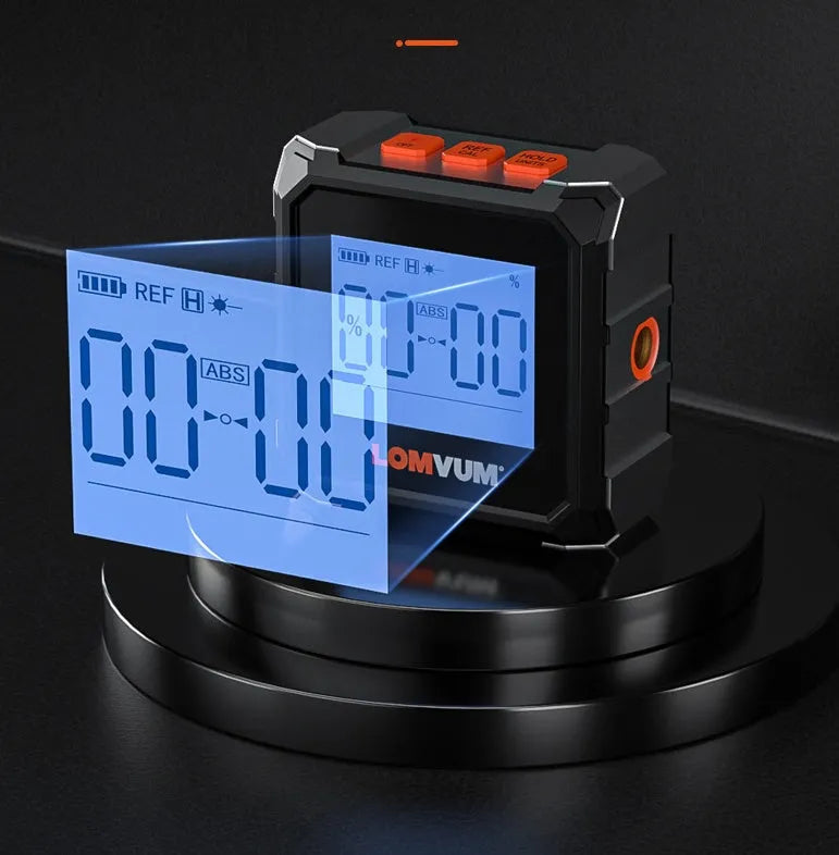 Digital laser infrared inclinometer and tape measure tool with alloy casing and backlit display.