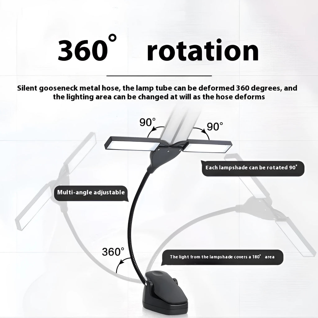 Black rechargeable music stand light with 28 LEDs and USB cable on a music stand.