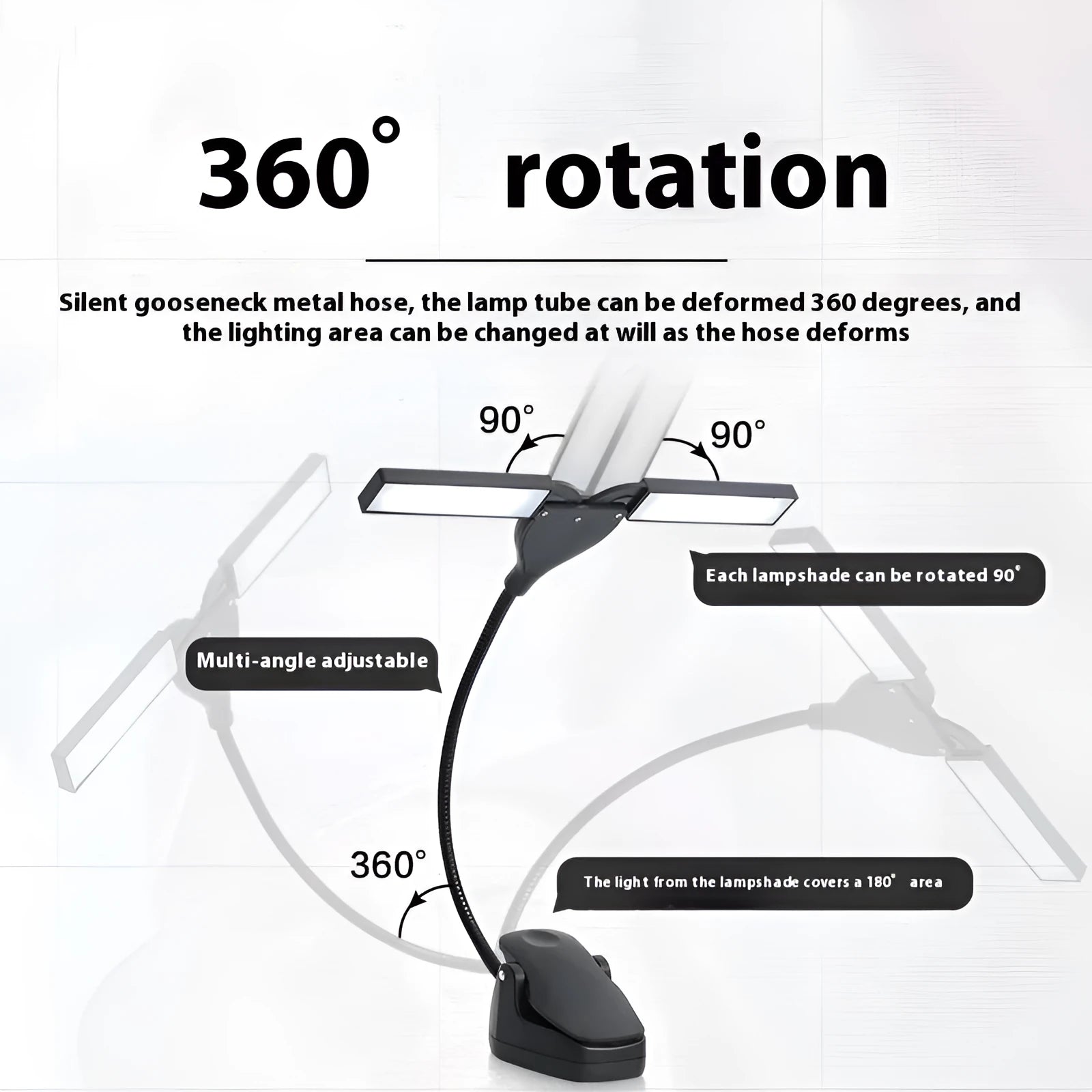 Black rechargeable music stand light with 28 LEDs and USB cable on a music stand.
