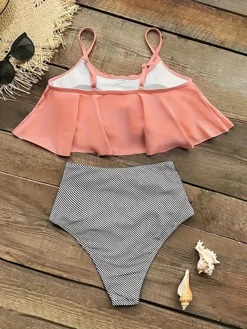 Women's ruffled high-waisted swimsuit in polyester fabric with backless design