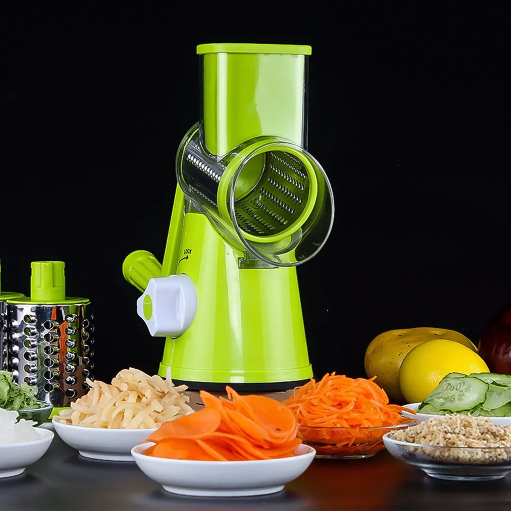 Round mandoline slicer with three stainless steel blades and a suction base in blue green, green, or red