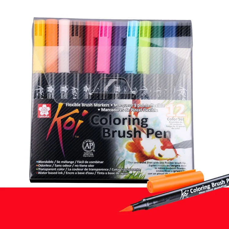 Set of watercolour markers with brush tips showing colour range options