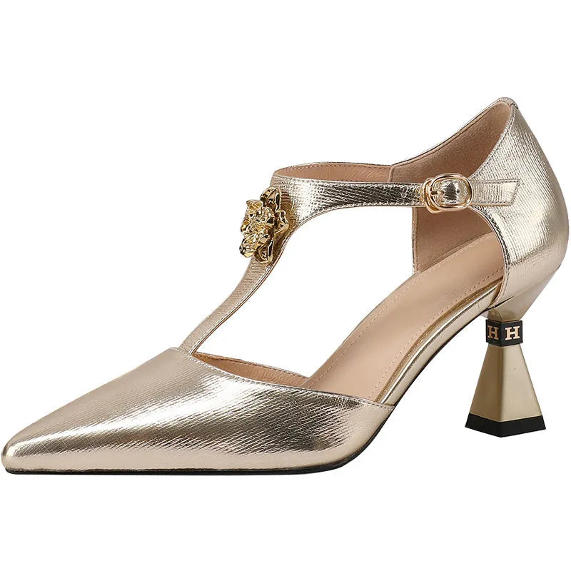 Women's genuine leather sandals with hollowed design and pointed toe in silver colour