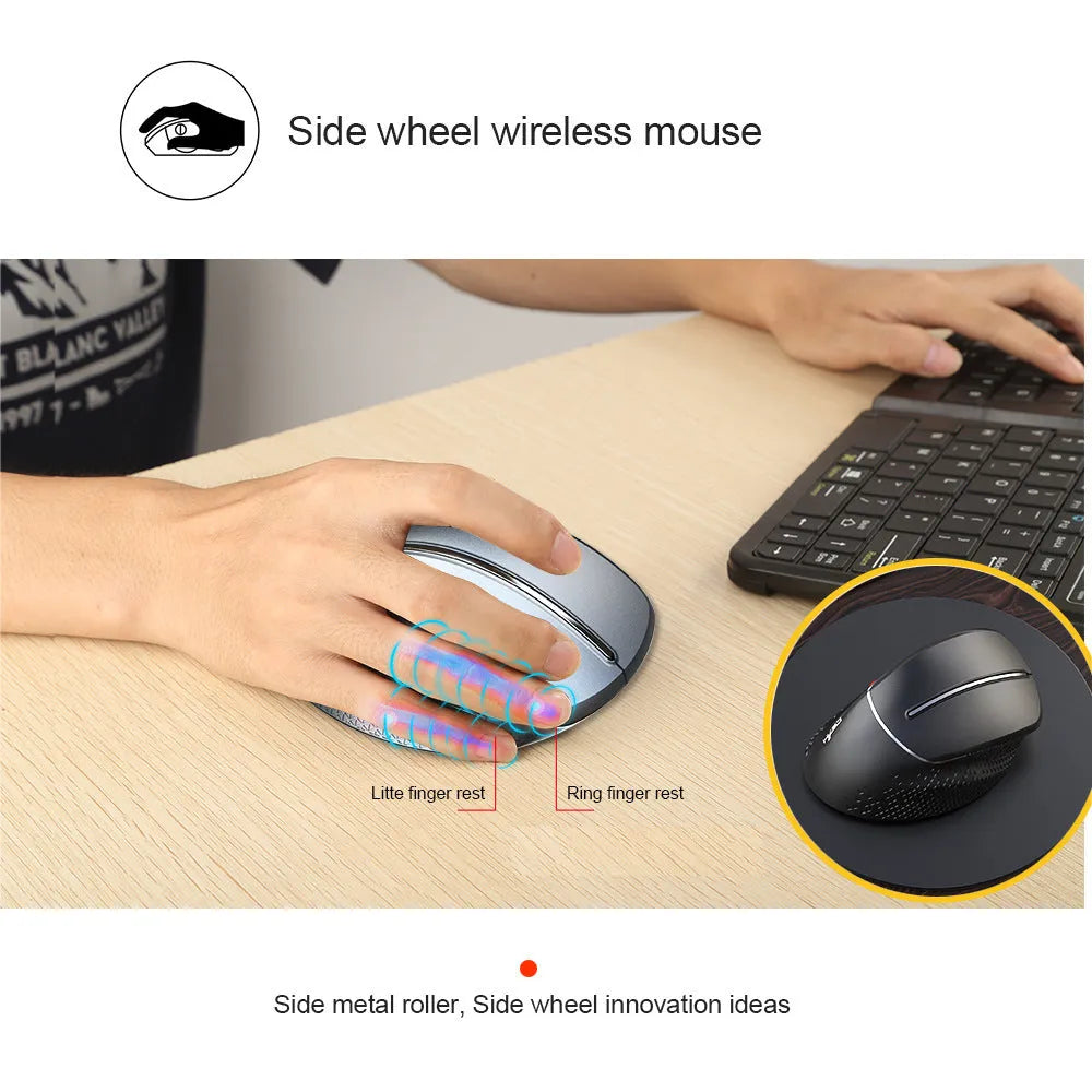 T32 wireless vertical ergonomic mouse in black matte texture showing aluminium side roller and vertical orientation.