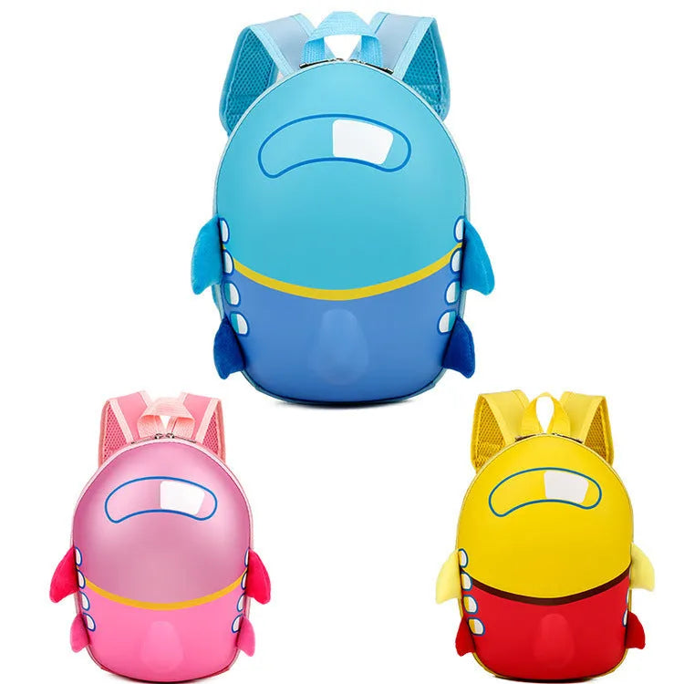 Children's cartoon aircraft hard shell waterproof schoolbag with double shoulder straps in blue, pink, and yellow