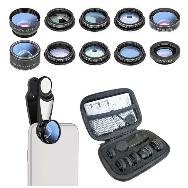 Black 10-in-1 mobile phone fisheye lens set with external camera attachments on aluminium-magnesium alloy mounts