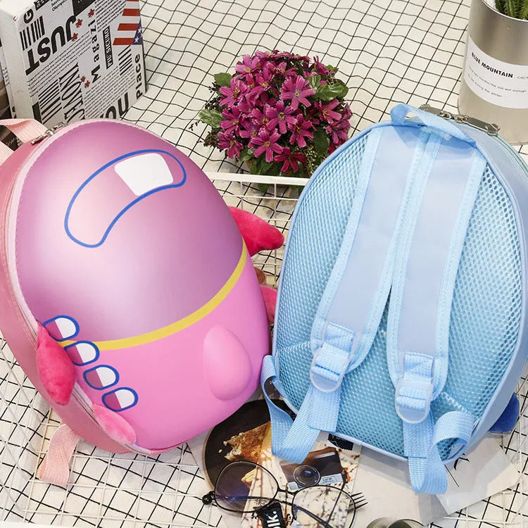 Children's cartoon aircraft hard shell waterproof schoolbag with double shoulder straps in blue, pink, and yellow