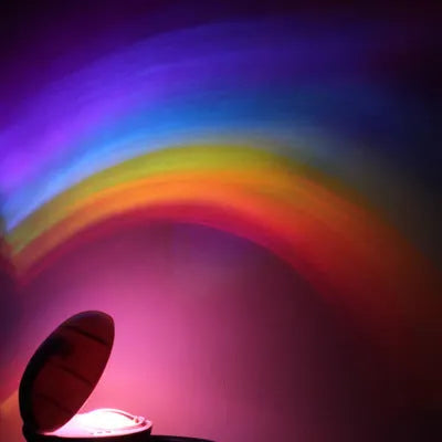 Egg-shaped white rainbow projection lamp with three lighting modes, 14x10x6cm, on a table