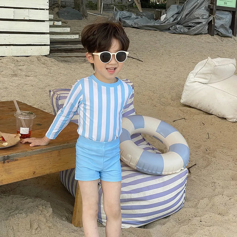 Boys' long sleeve swimsuit with three-colour striped sleeves in green, brown or sky blue, sizes 90cm to 140cm