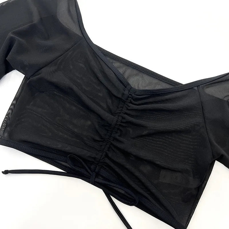 Black mesh four-piece bikini set for women with long sleeves