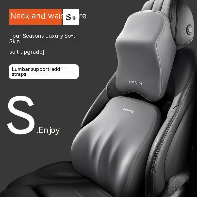 Automotive headrest pillow and lumbar support pillow set with memory foam filling in four colour options