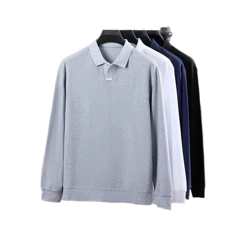 Men's grey loose-fit cotton polo shirt with a lapel collar and long sleeves laid flat.