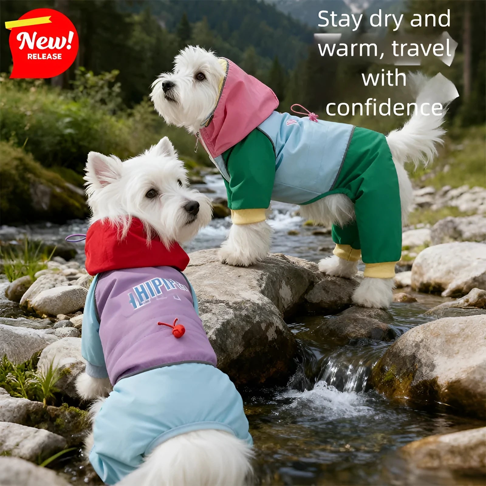 Waterproof 4-leg dog jumpsuit with hood in blue on a dog, reflective details visible