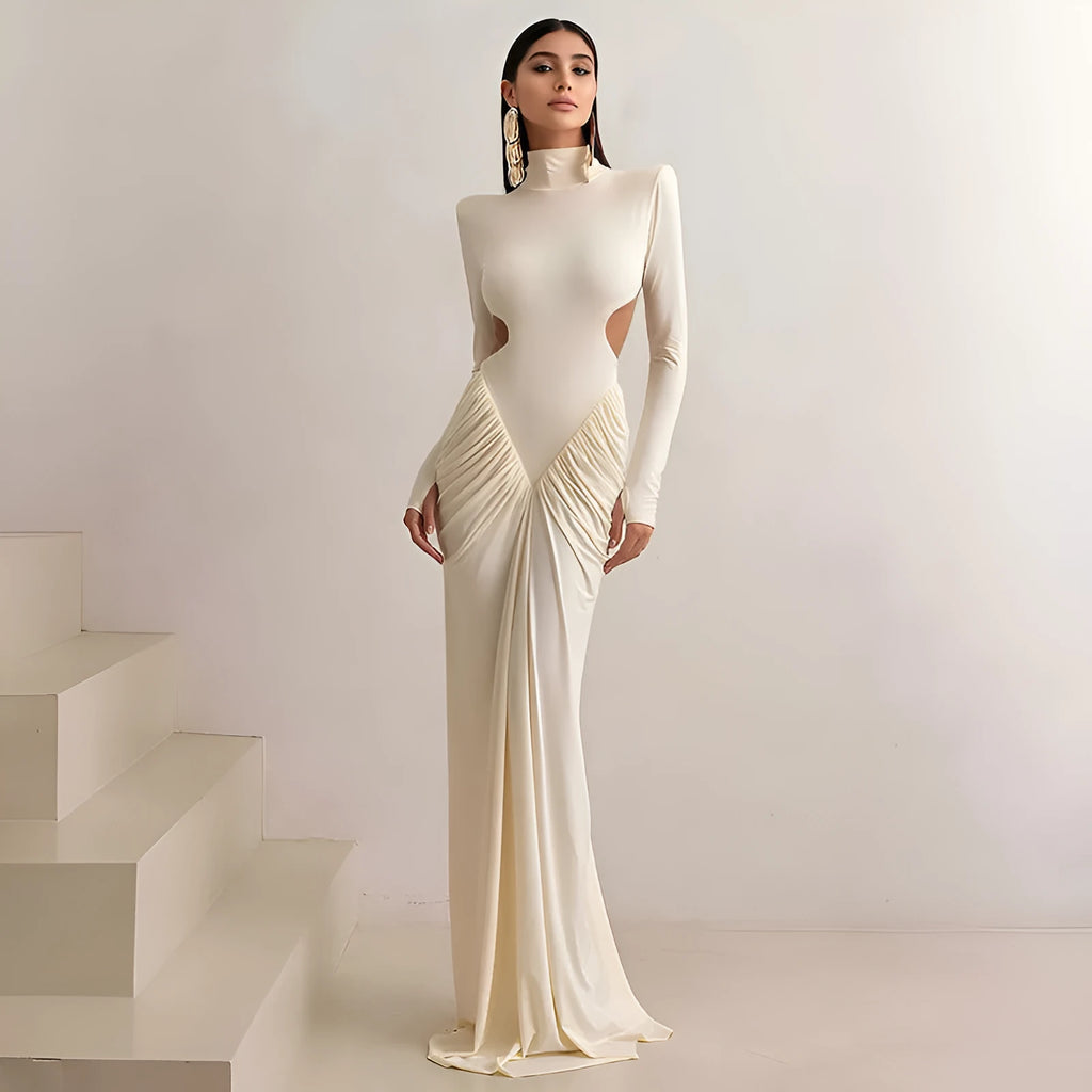 Long sleeve high collar slim fit pleated backless dress in polyester fabric available in four colours