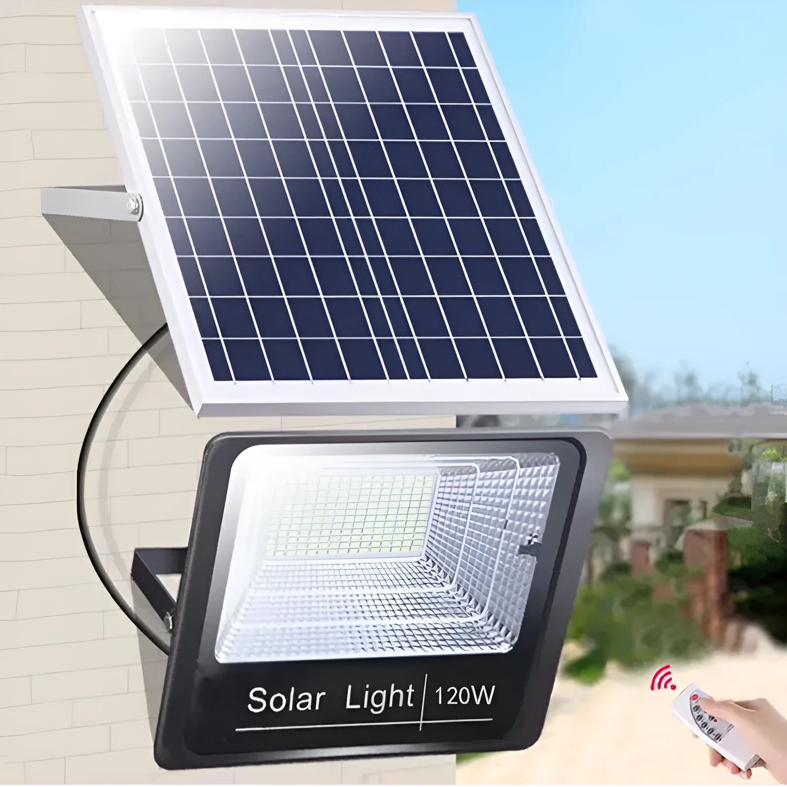 Black solar-powered LED flood light with remote control for outdoor use.